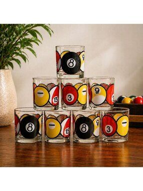 Anchor Hocking Pool Ball Glasses Set 8 MCM Billiard VTG Lowball Whiskey Cocktail